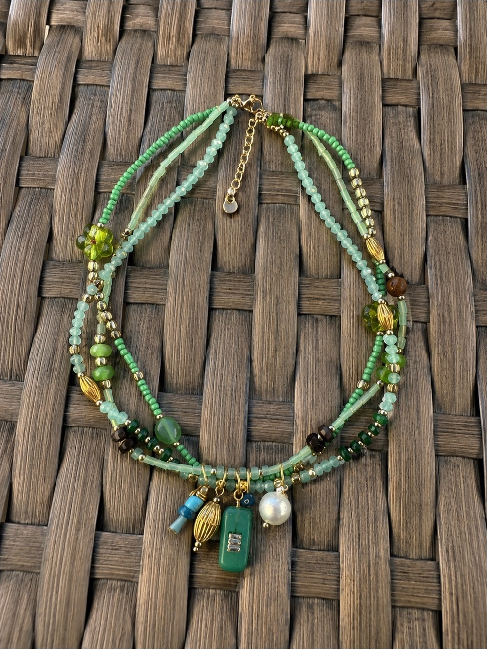 REVOLVE Green Multi-Strand Beaded Charm Necklace with Gold Accents